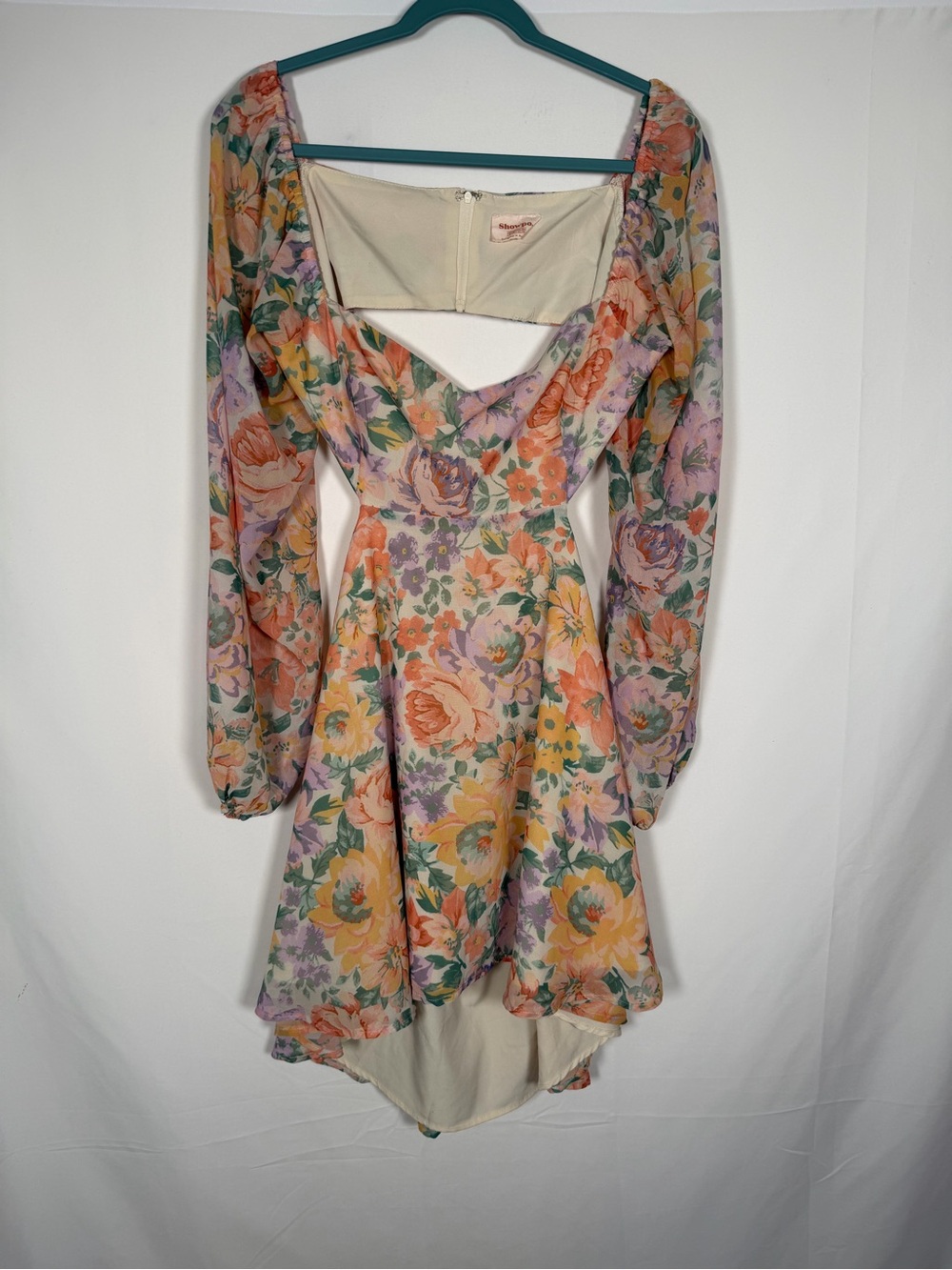 Showpo Pastel Floral Open-Back Puff Sleeve Mini Dress -‎ Peach & Lavender